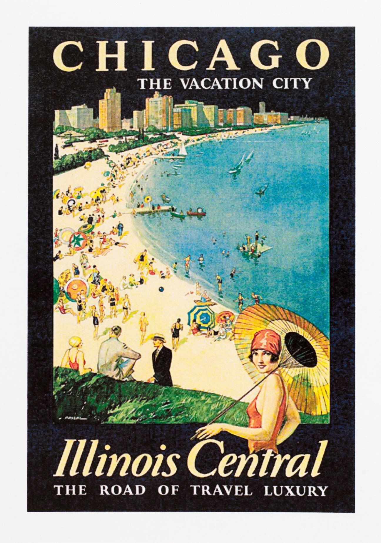 Vintage travel poster advertising Chicago as vacation destination with beach scene and Illinois Central railroad
