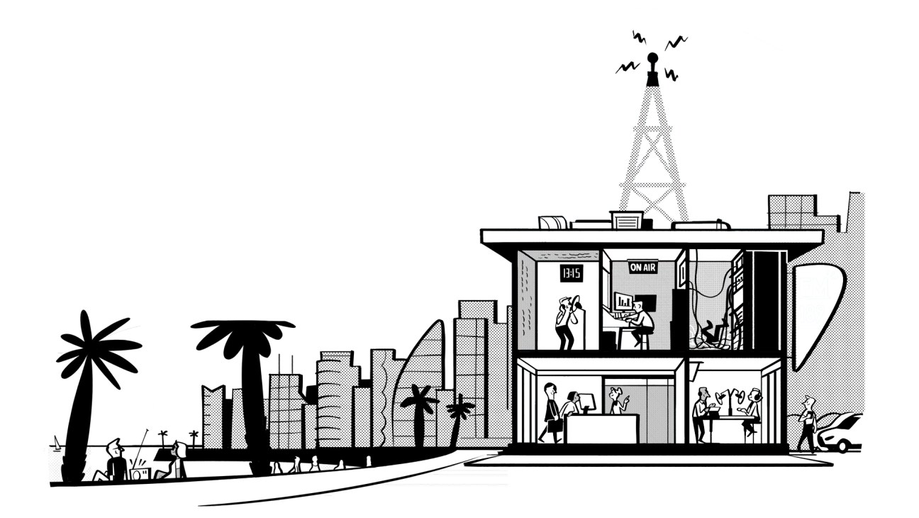 Cross-section illustration of a radio studio with glass windows, broadcasting equipment, and city skyline in background