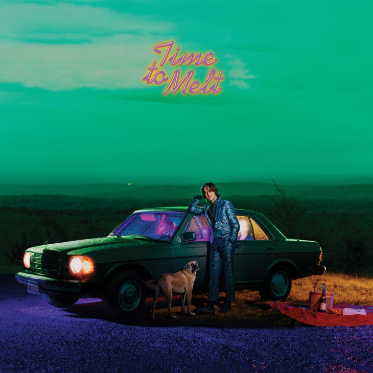 Album cover for Time to Melt by Sam Evian showing figure with car in stylized landscape
