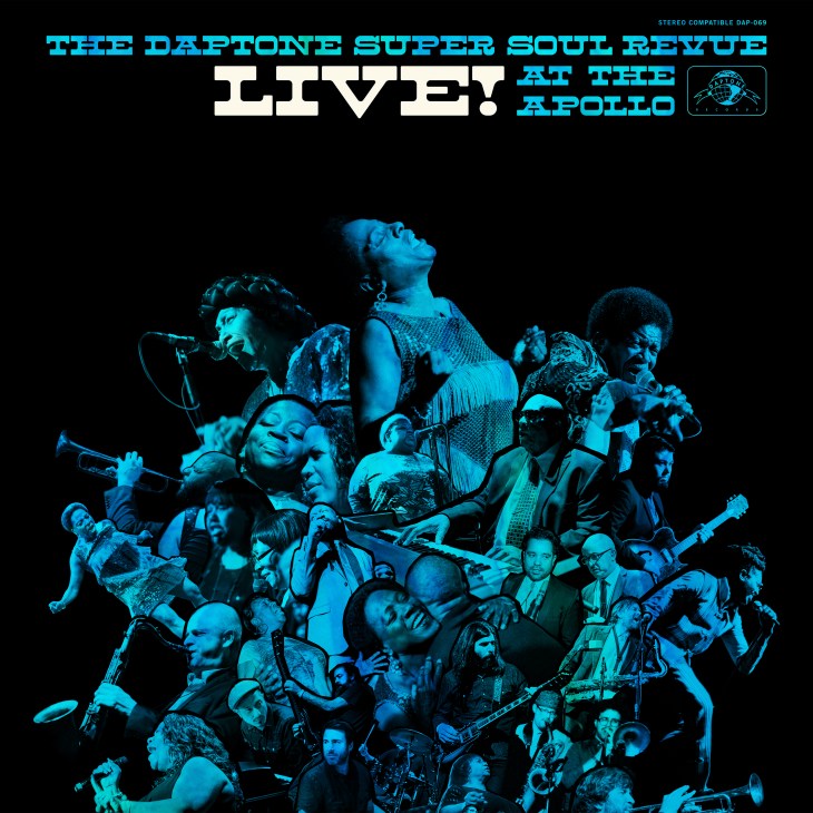 Album cover showing collage of soul and funk performers in blue tint for Daptone Super Soul Revue Live! At The Apollo