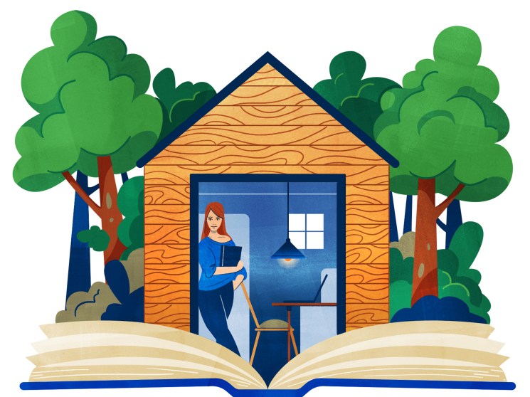 Illustration of a woman with a book emerging from an open book, standing in a wooden cabin doorway surrounded by trees