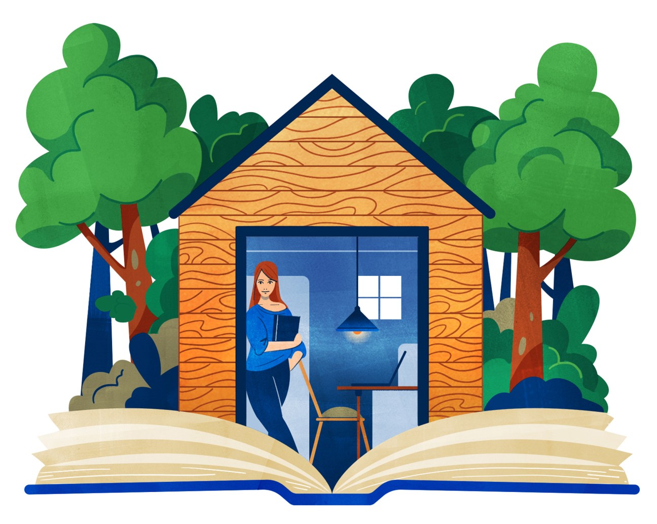 Illustration of a rustic wooden cabin or shed nestled among trees, representing the writing retreats of literary authors