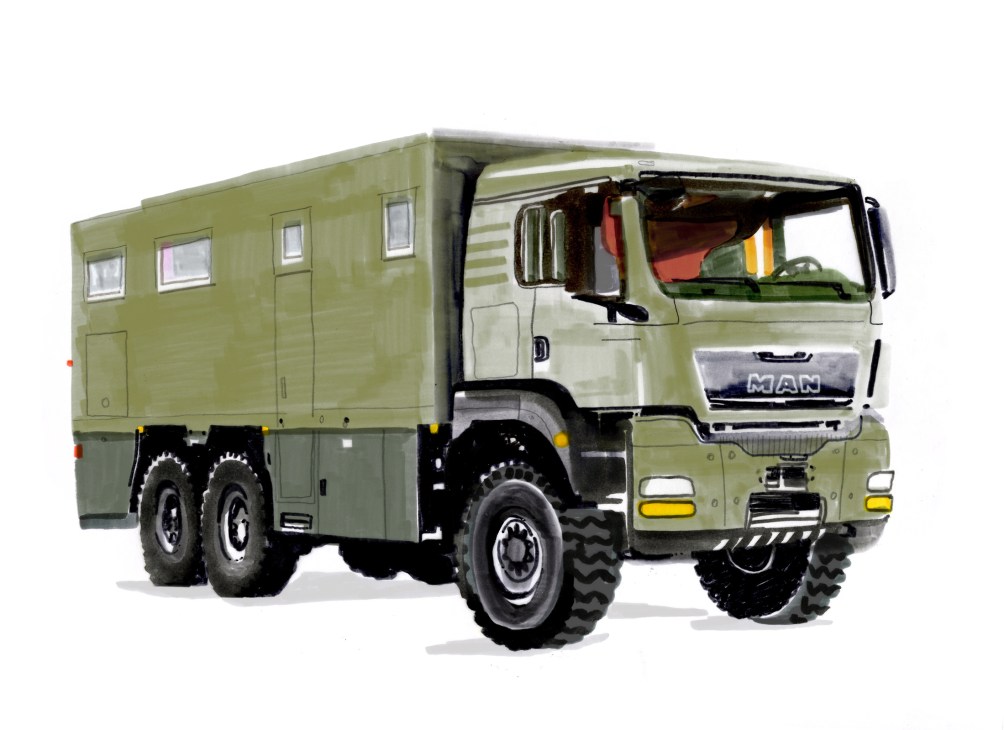 Action Mobil Global XRS 7200 campervan in olive green with MAN truck cab and living quarters