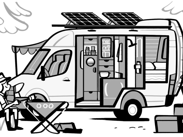 Black and white illustration of a camper van with solar panels, awning, and people camping outdoors
