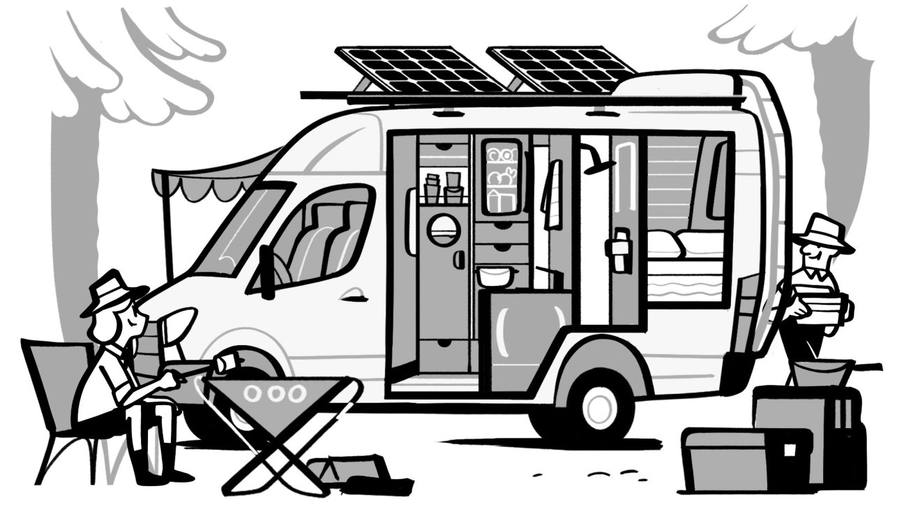 Black and white illustration of a camper van with solar panels, awning, and people camping outdoors
