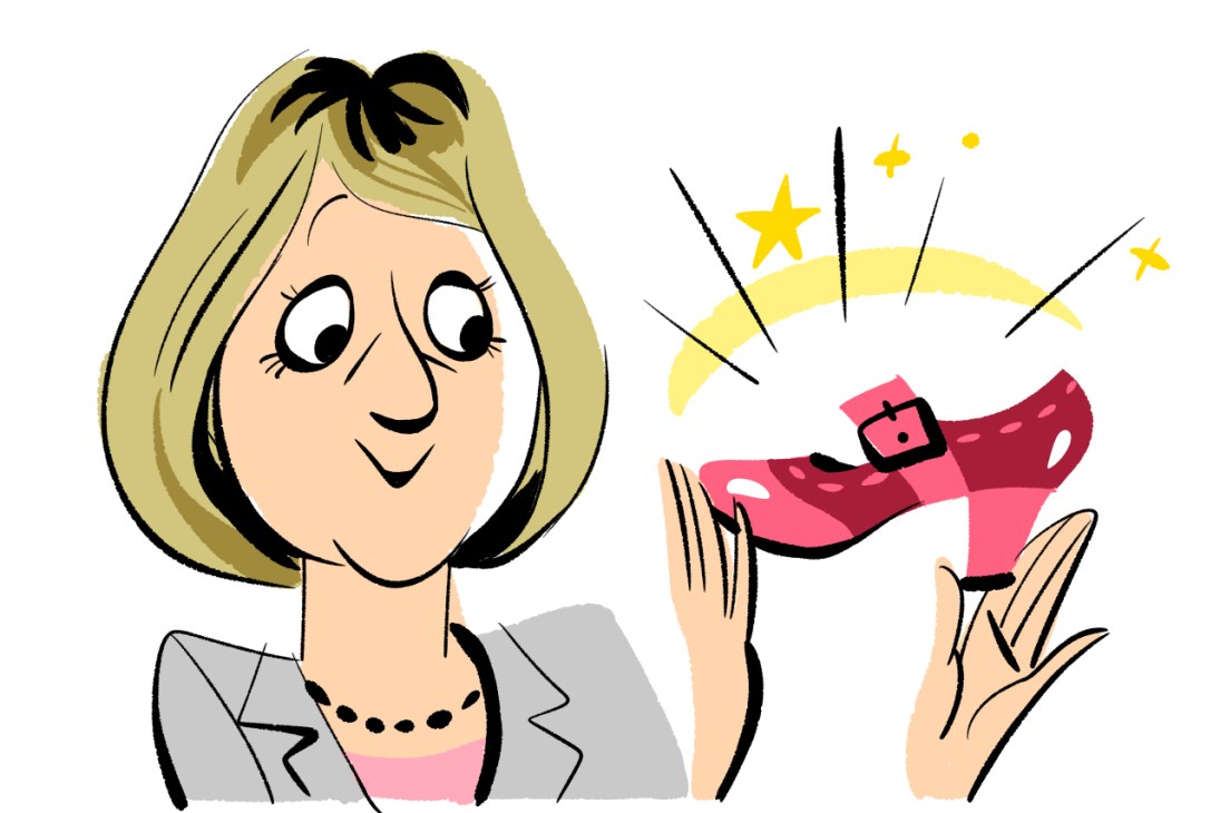 Illustration of a woman holding a bright pink leather heel shoe with stars and sparkles.