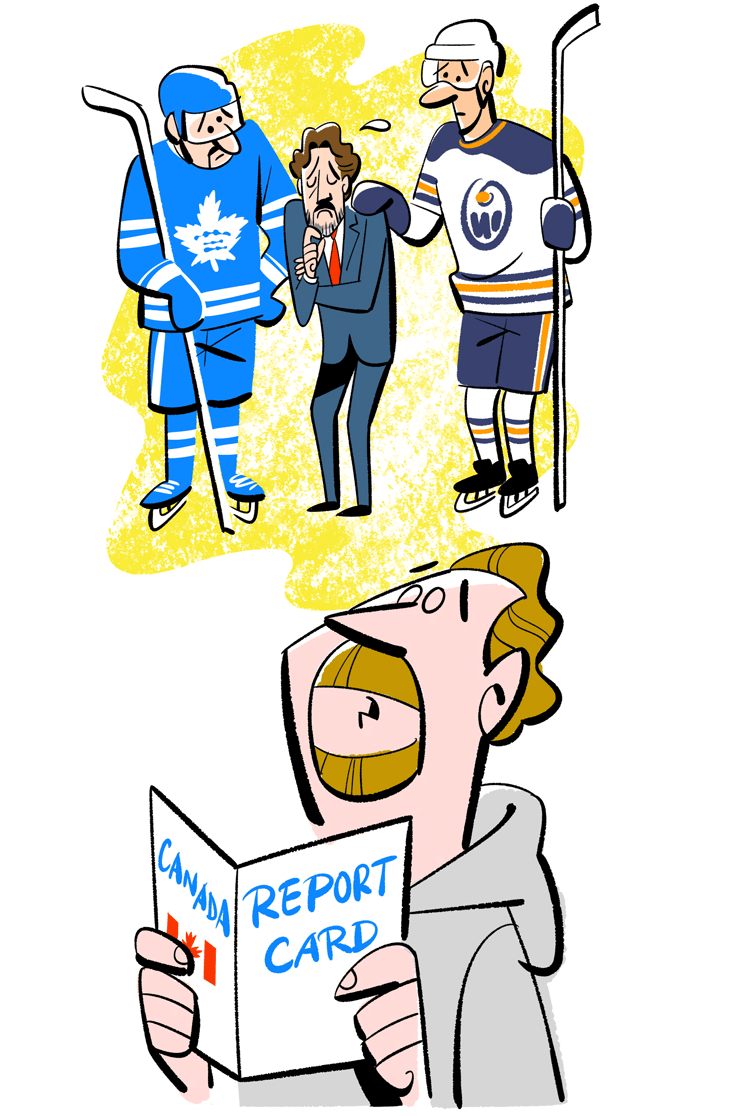 Cartoon illustration showing a person reading Canada Report Card while hockey players look on from above