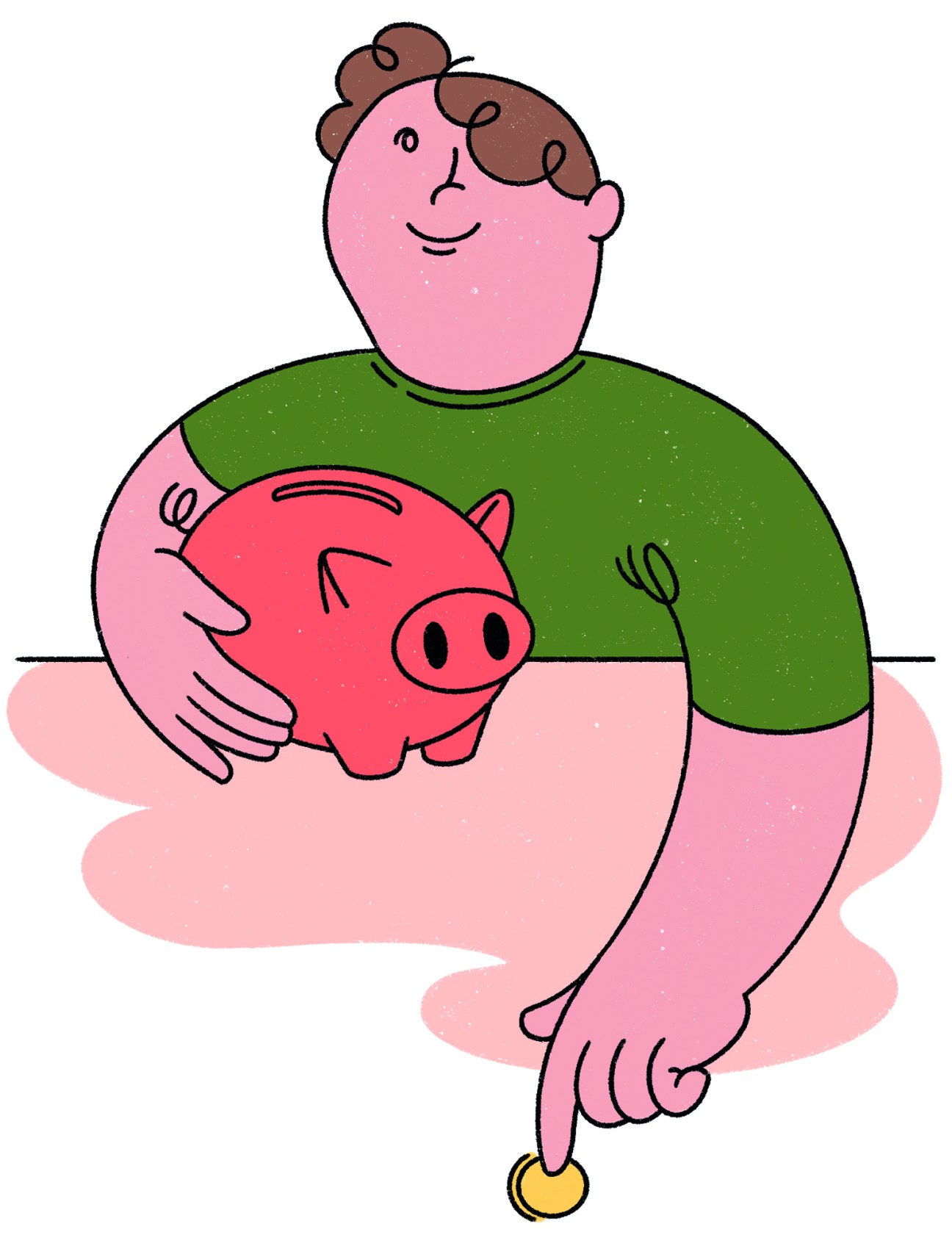 Person in green sweater holding a pink piggy bank