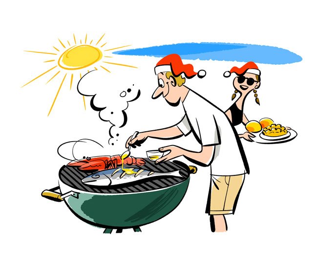 Cartoon illustration of two people in Santa hats barbecuing outdoors under bright sun