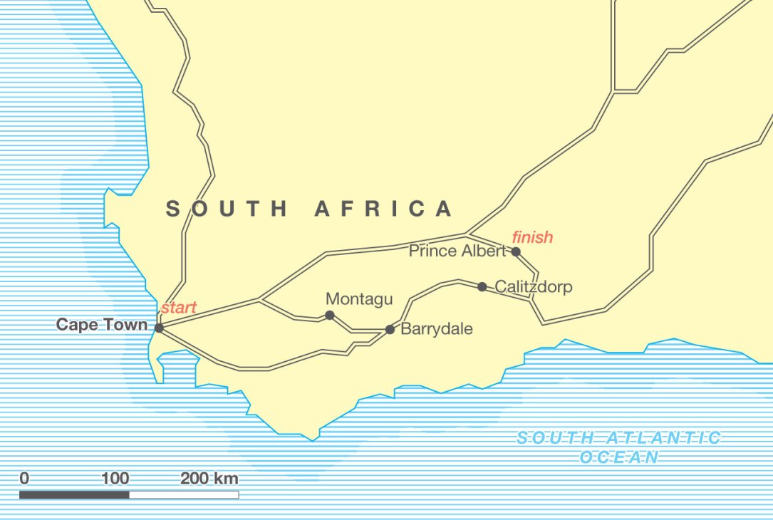 Map of South Africa showing Route 62 from Cape Town through Montagu, Barrydale, Calitzdorp to Prince Albert