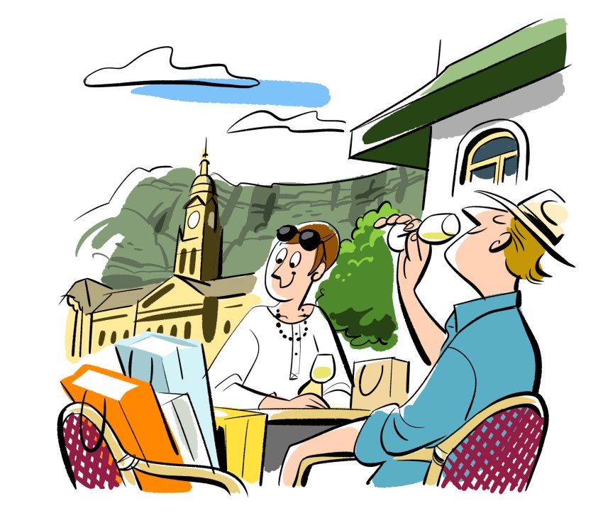 Two tourists dining outdoors with Table Mountain and Cape Town architecture in background