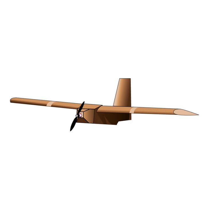 Illustration of a cardboard disposable drone with propeller and pointed nose cone.