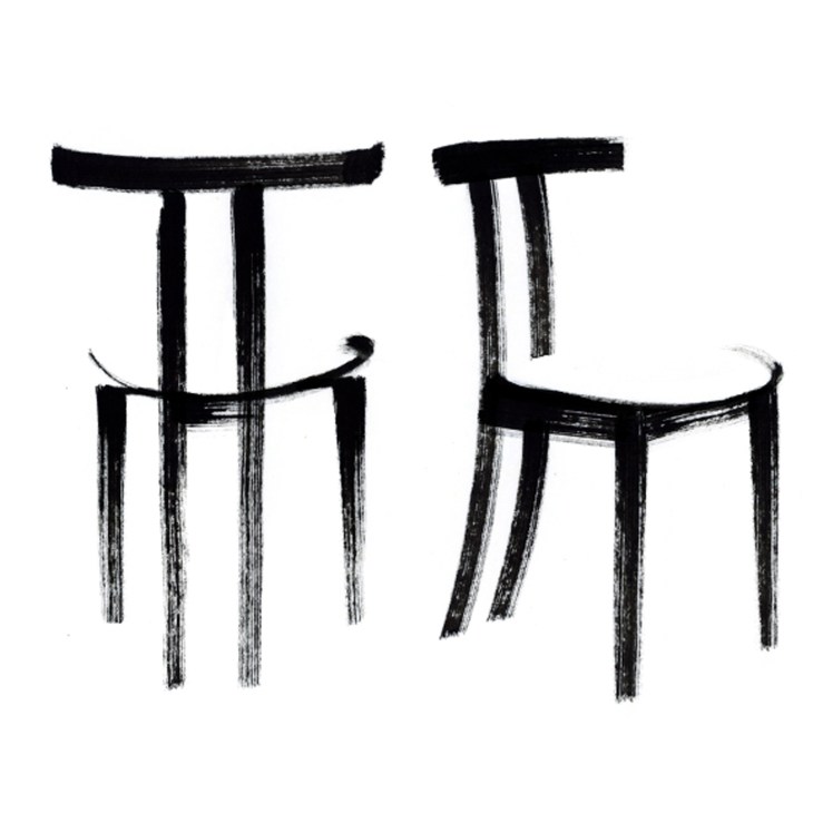 Black ink sketch of two minimalist wooden chairs with curved backs and clean lines