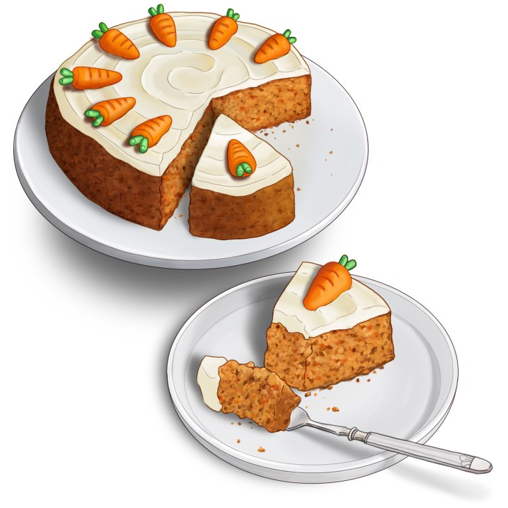 Carrot cake with cream cheese frosting decorated with small orange carrot decorations on top, one slice cut and served