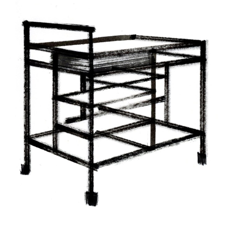 Black and white sketch of a modernist wheeled cart with geometric frame and multiple shelves