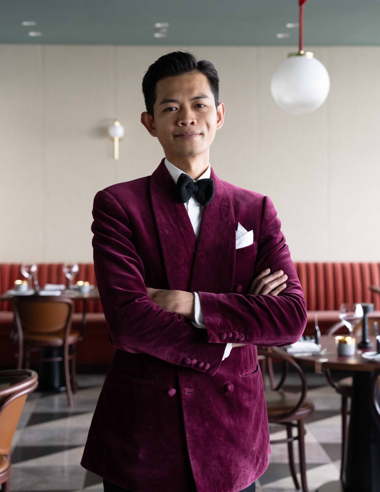 Gentlemen’s double-breasted blazers at Carlyle & Co come in burgundy and navy