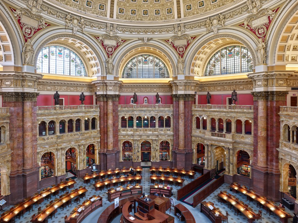 Interior of the Library of Congress Main Reading Room showing grand architecture and reading desks