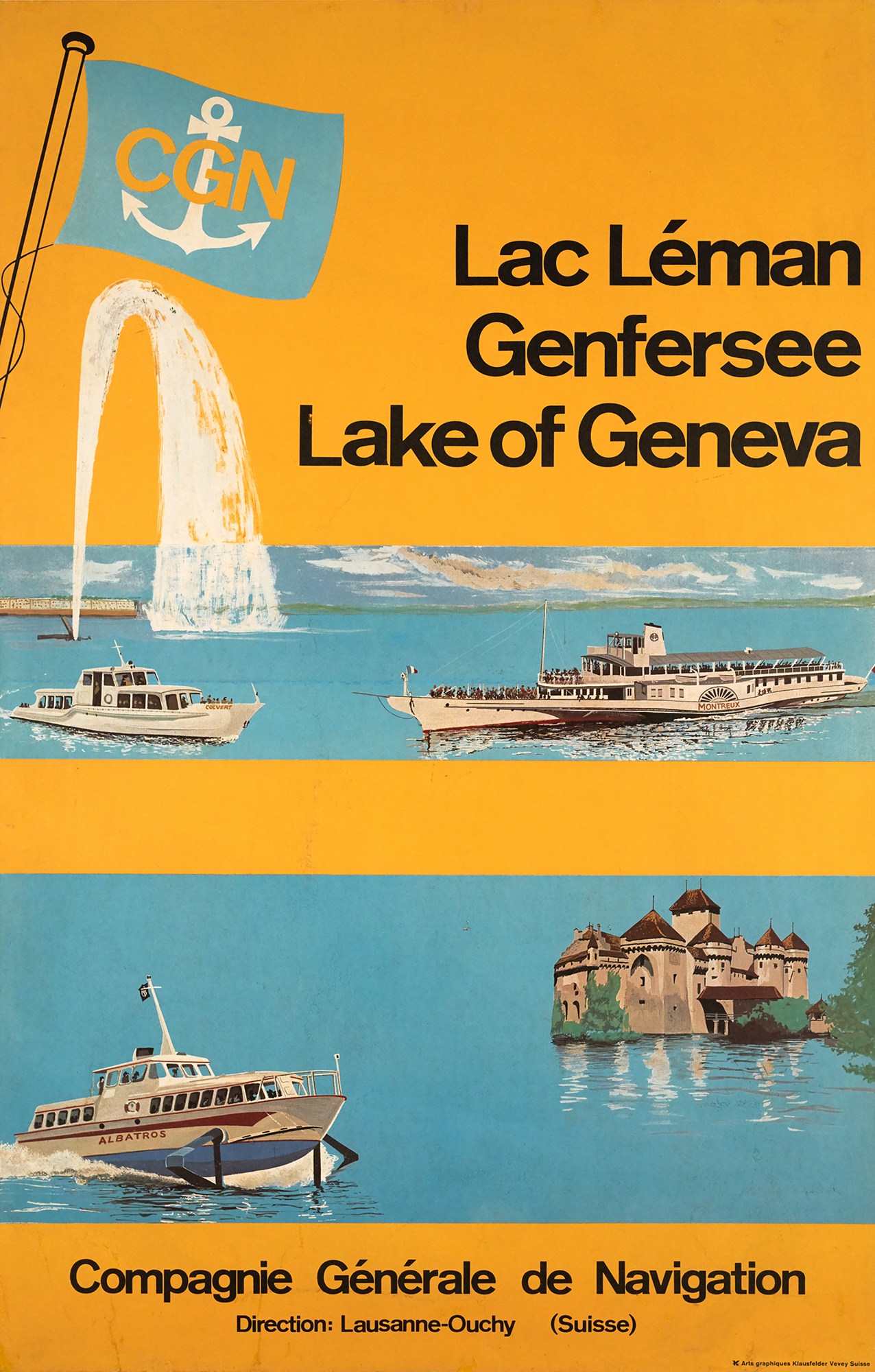 1964 CGN poster advertising Lake Geneva boat trips with steamships, water fountain and castle illustration