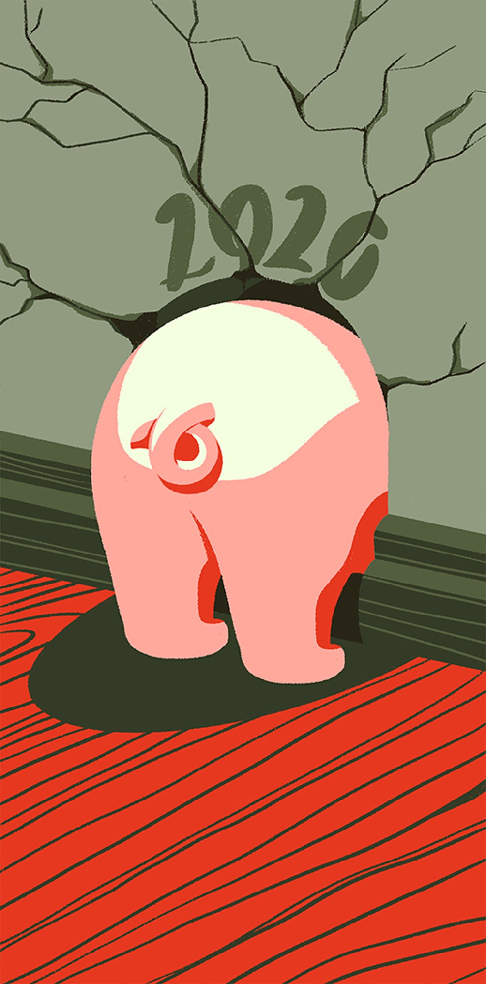 Illustration of a pig burying its head in the ground as cracks spread above with the number 2020