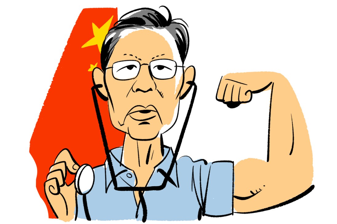 Illustration of Zhong Nanshan, an older man with glasses wearing a light blue shirt with a stethoscope, flexing his arm in front of a red Chinese flag with yellow stars.