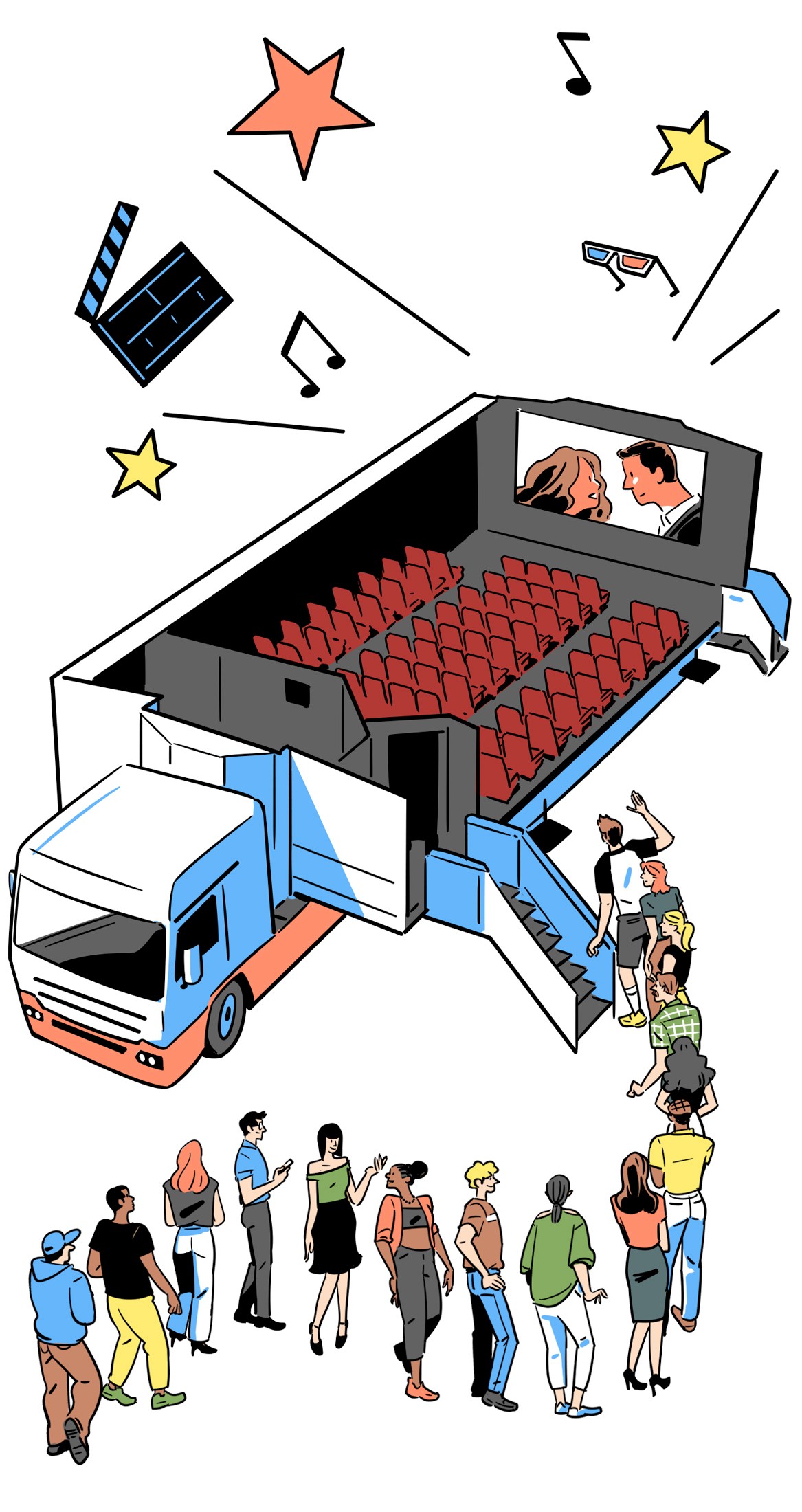 Cinémobile mobile cinema truck with wings extended revealing red theater seats with crowd of people gathered outside