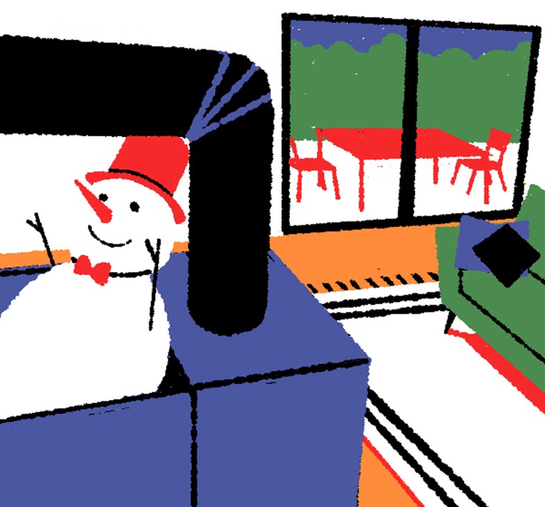 Illustrated winter scene with snowman in red hat beside window showing snowy landscape with red-roofed houses
