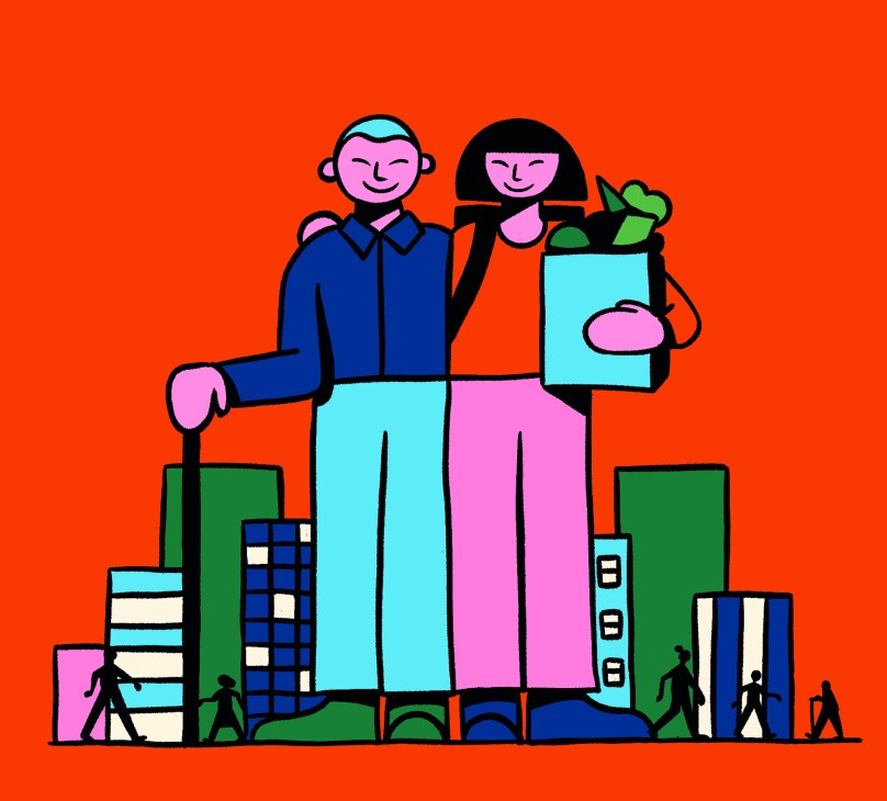 Stylized illustration of two people standing together above a colorful city skyline