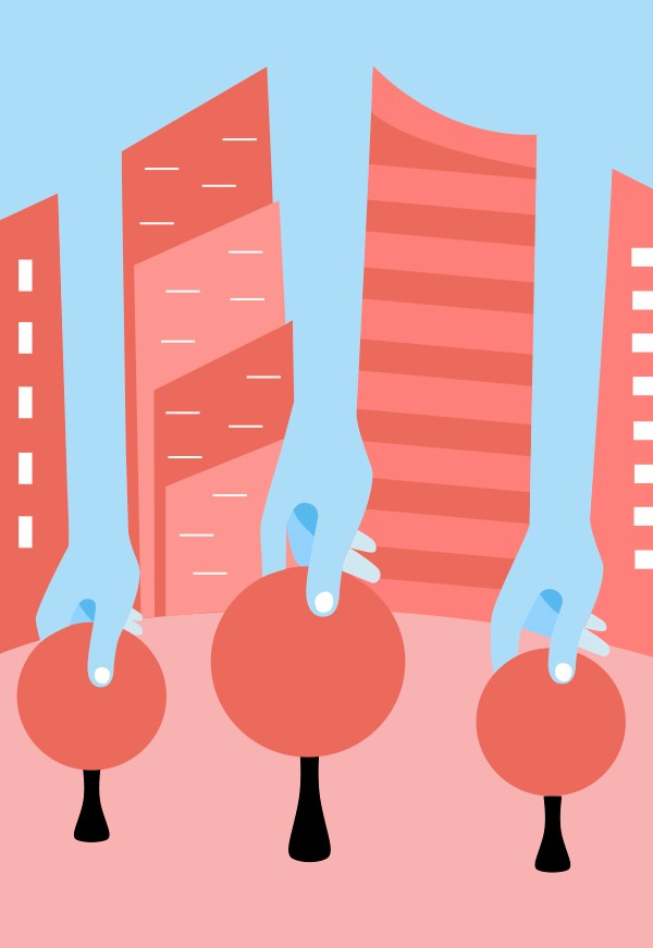 Stylized illustration of three hands holding round objects in front of coral-colored buildings