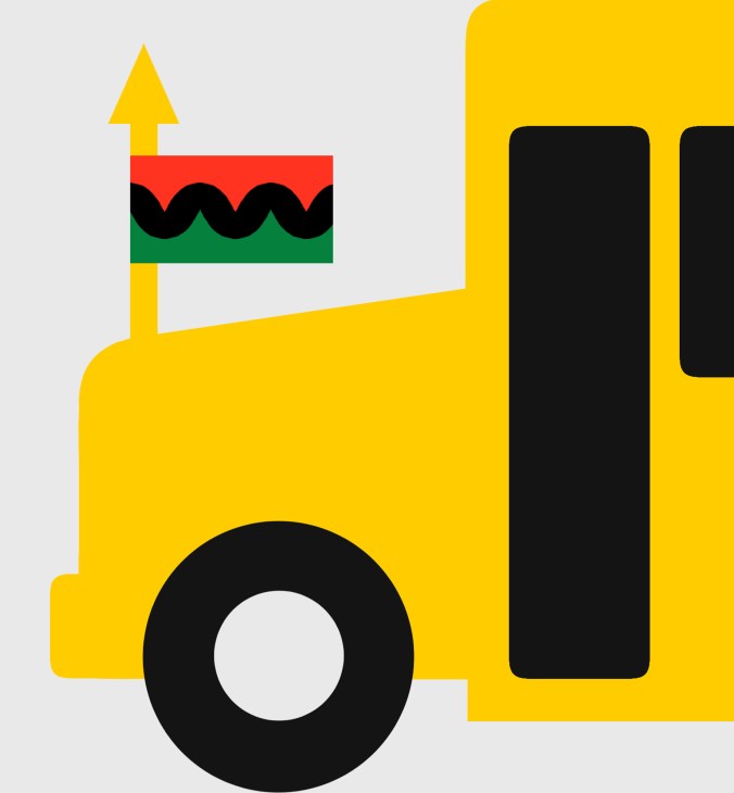 Yellow bulldozer illustration with flag featuring red, green and black wavy design