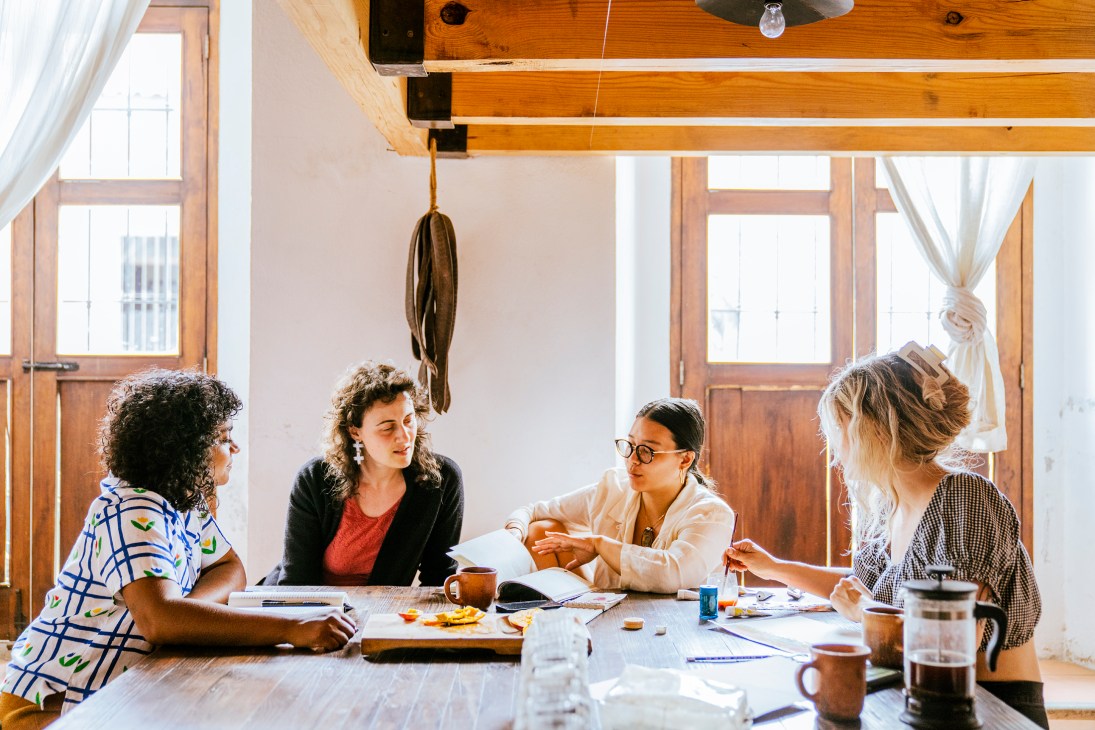 Residents in discussion at Pocoapoco creative arts residency in Oaxaca