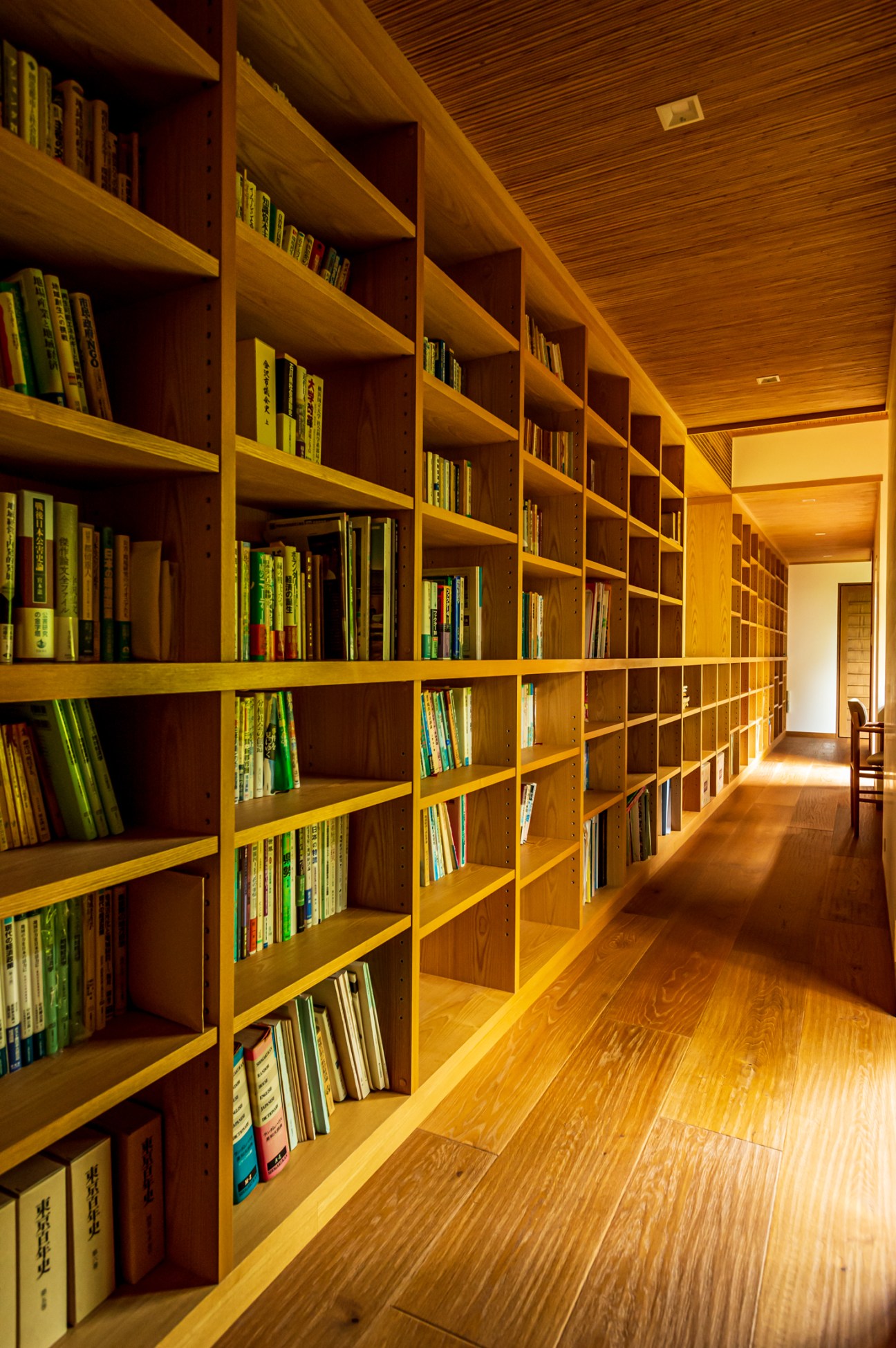 Built-in wall of bookshelves lining the corridor of the house