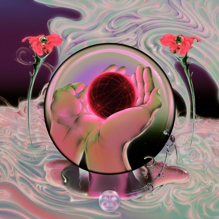 Abstract digital artwork with swirling colors, geometric shapes, and surreal elements in purple, pink and green tones