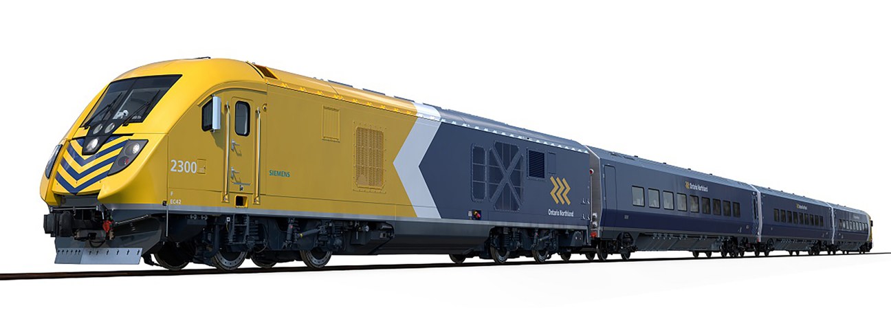 Yellow and blue passenger train with Siemens branding on white background