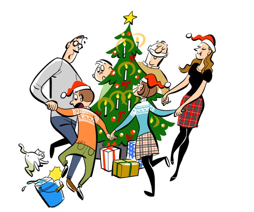 Family dancing around Christmas tree with presents underneath in cartoon illustration style