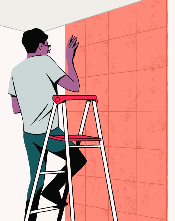 An illustrated brown-haired man in green pants and a gray T-shirt puts orange paneling on white walls.