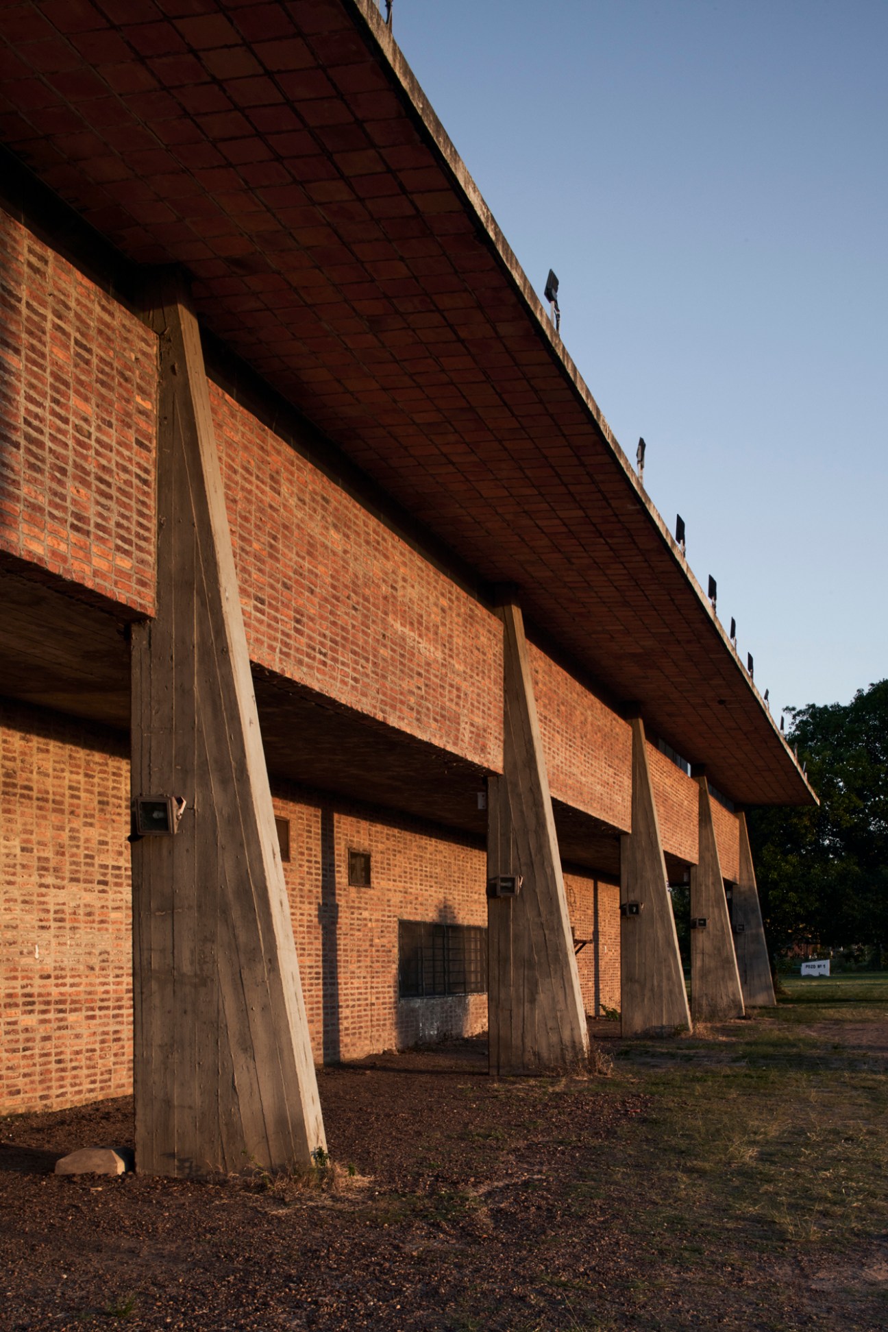 Architectural detail showing geometric concrete forms and angular shadows