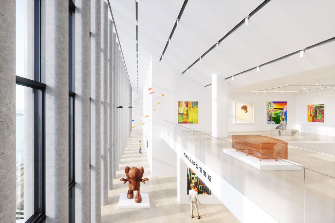 Modern white gallery interior with colorful artworks on walls, sculptures on pedestals, and track lighting