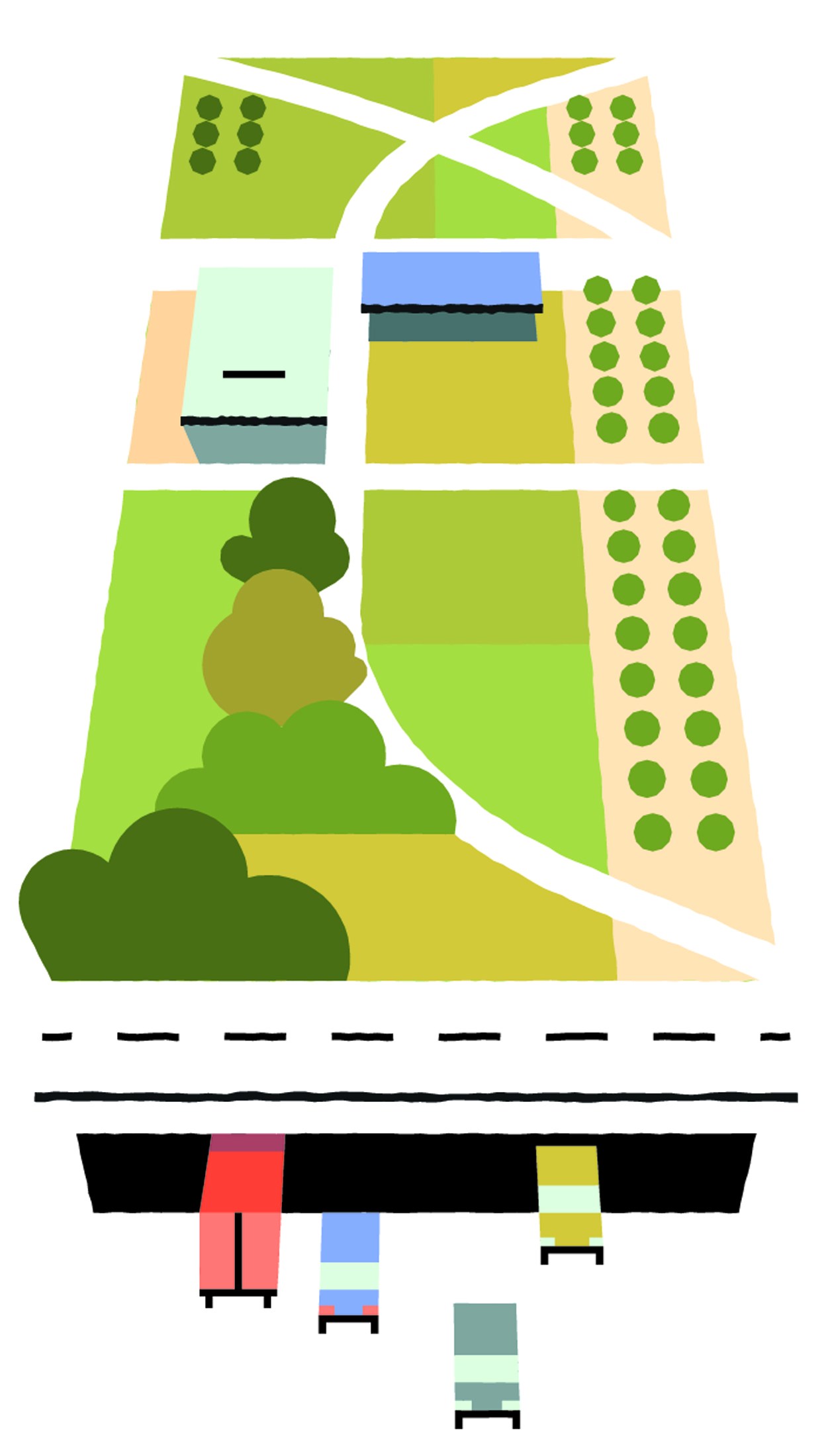 Illustrated map showing Dallas downtown area with parks, buildings, transportation routes and urban development