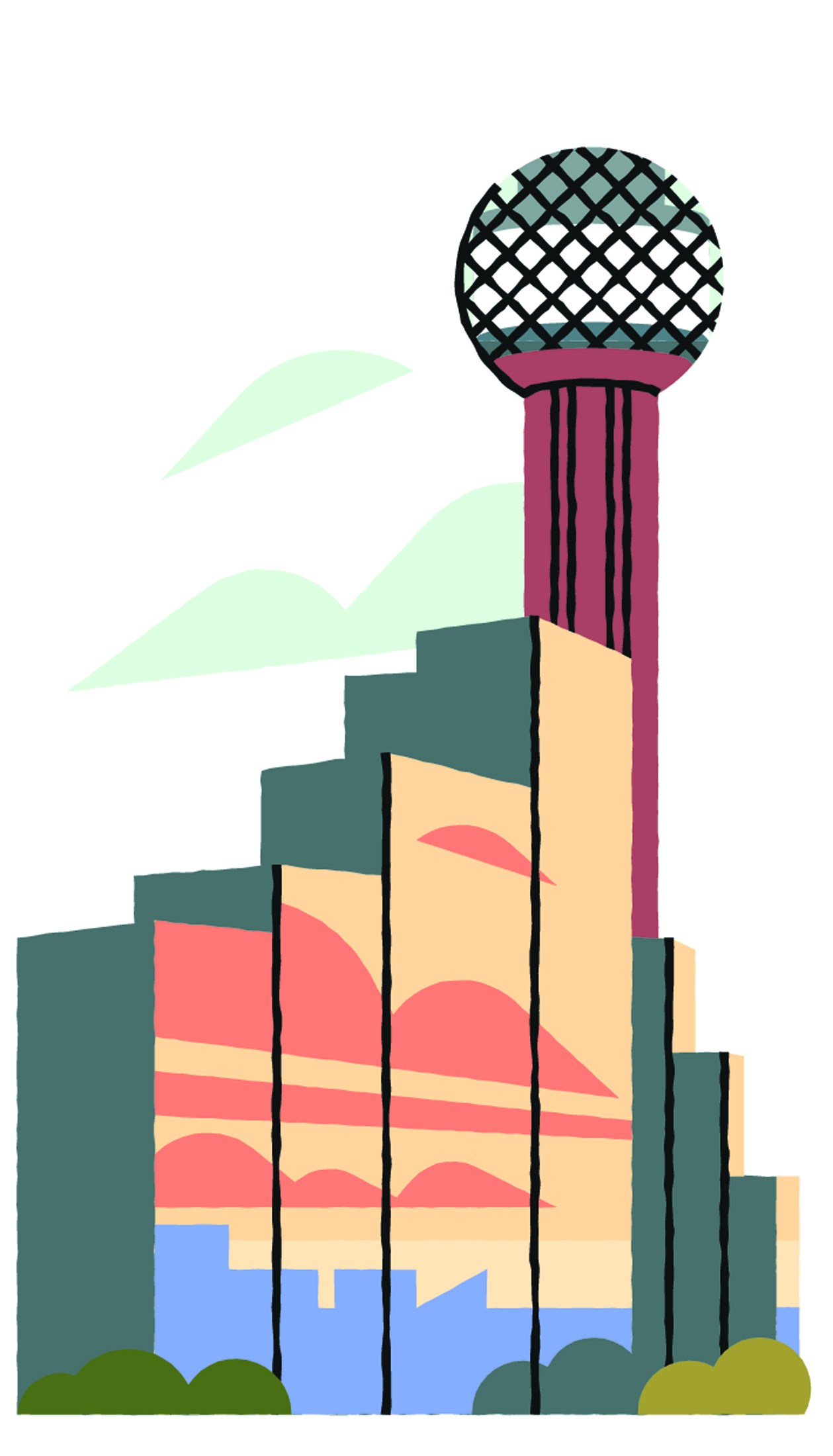 Stylized illustration of Dallas skyline with colorful geometric buildings and distinctive spherical tower