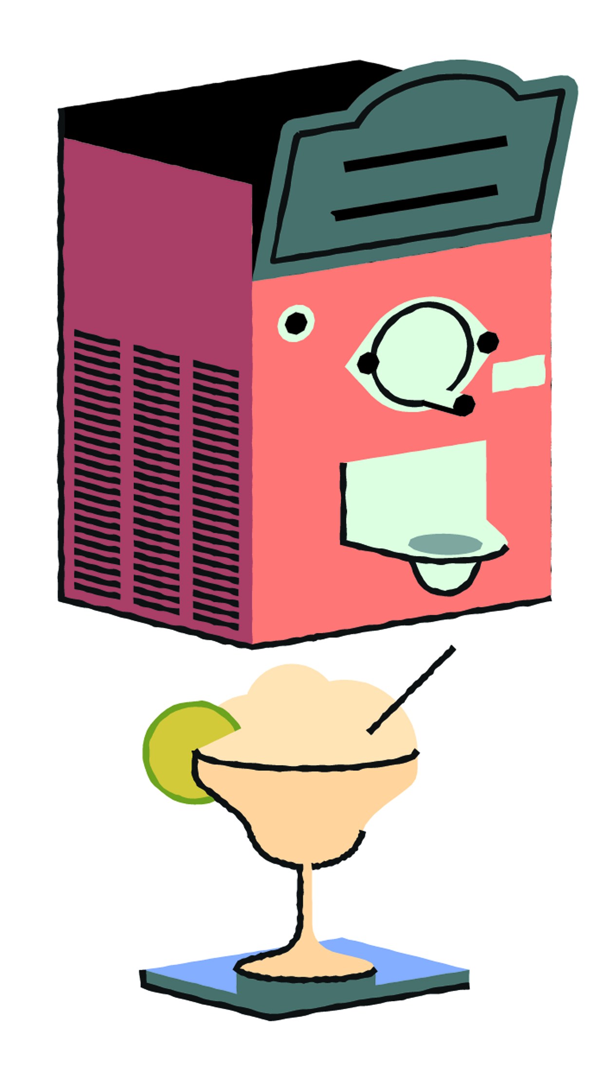 Stylized illustration of a pink frozen margarita machine with a cocktail glass containing a lime-garnished drink