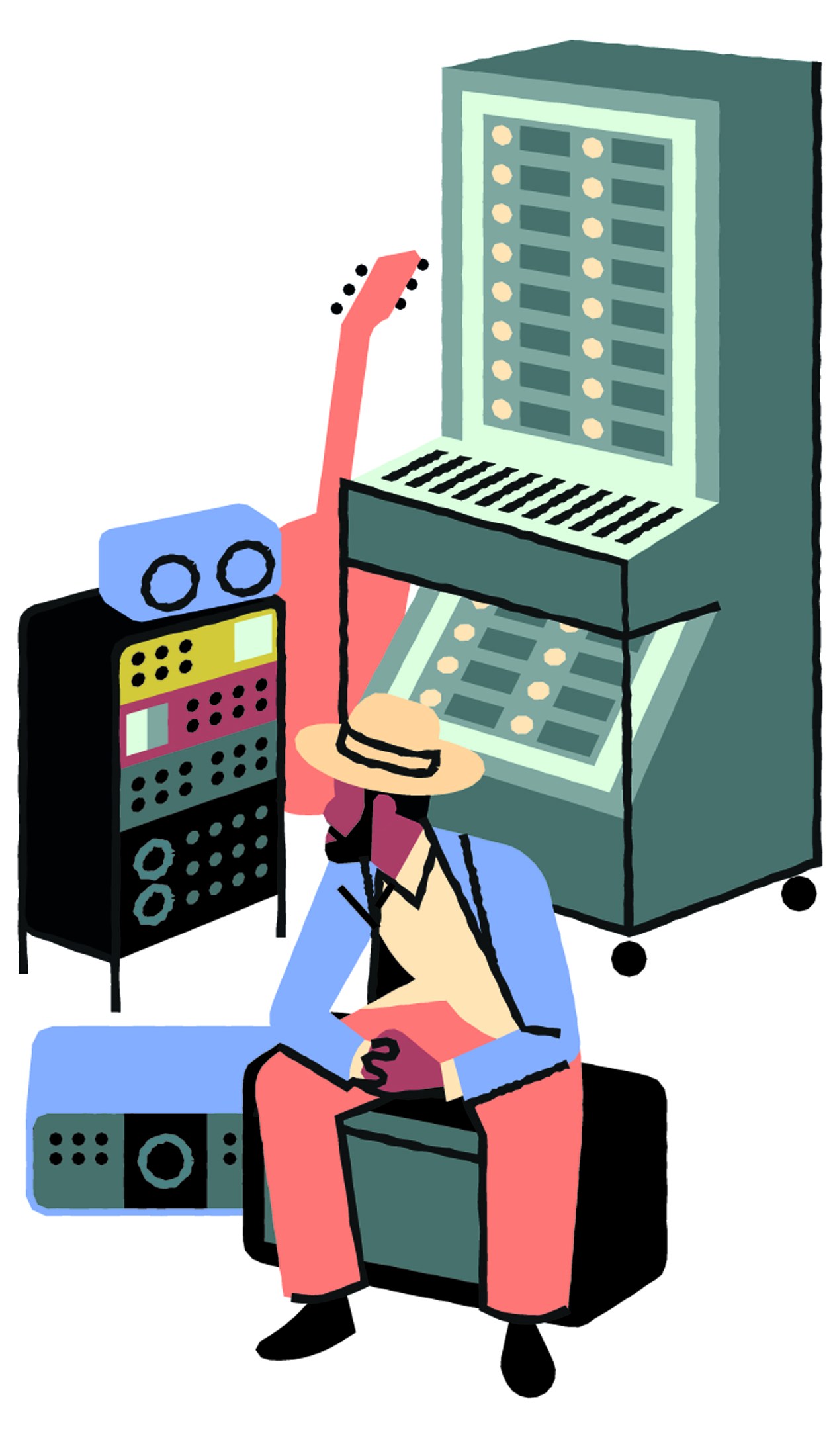 Illustration of person in recording studio with vintage audio equipment and mixing console