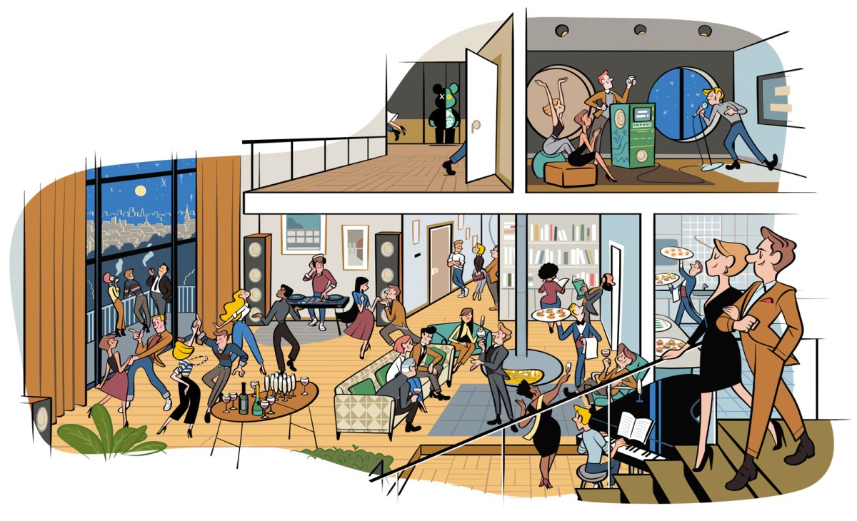 Cross-section illustration of a multi-level party with people dancing, socializing, and enjoying various activities