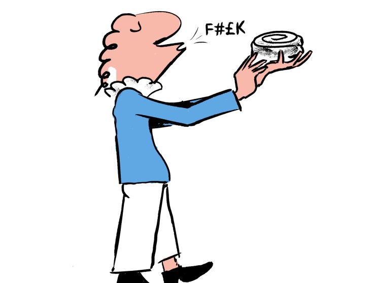 Man in blue shirt holding jar saying F#£K, illustrating Danish overuse of English profanity