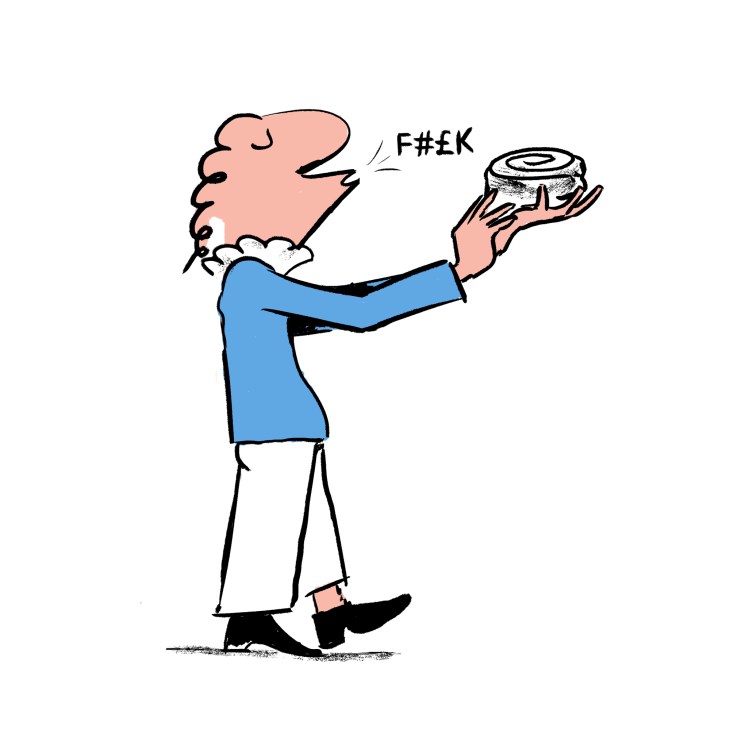 Man in blue shirt holding jar saying F#£K, illustrating Danish overuse of English profanity