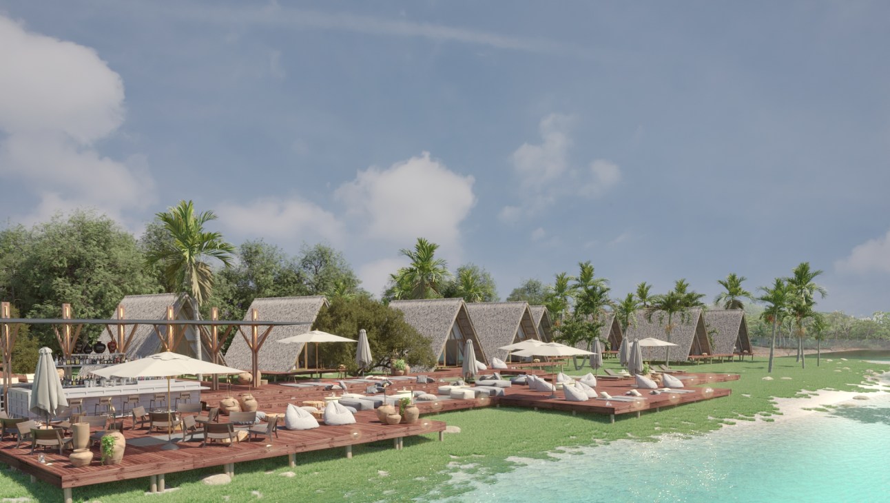 Modern triangular thatched cabanas on wooden decks beside turquoise lagoon waters with palm trees