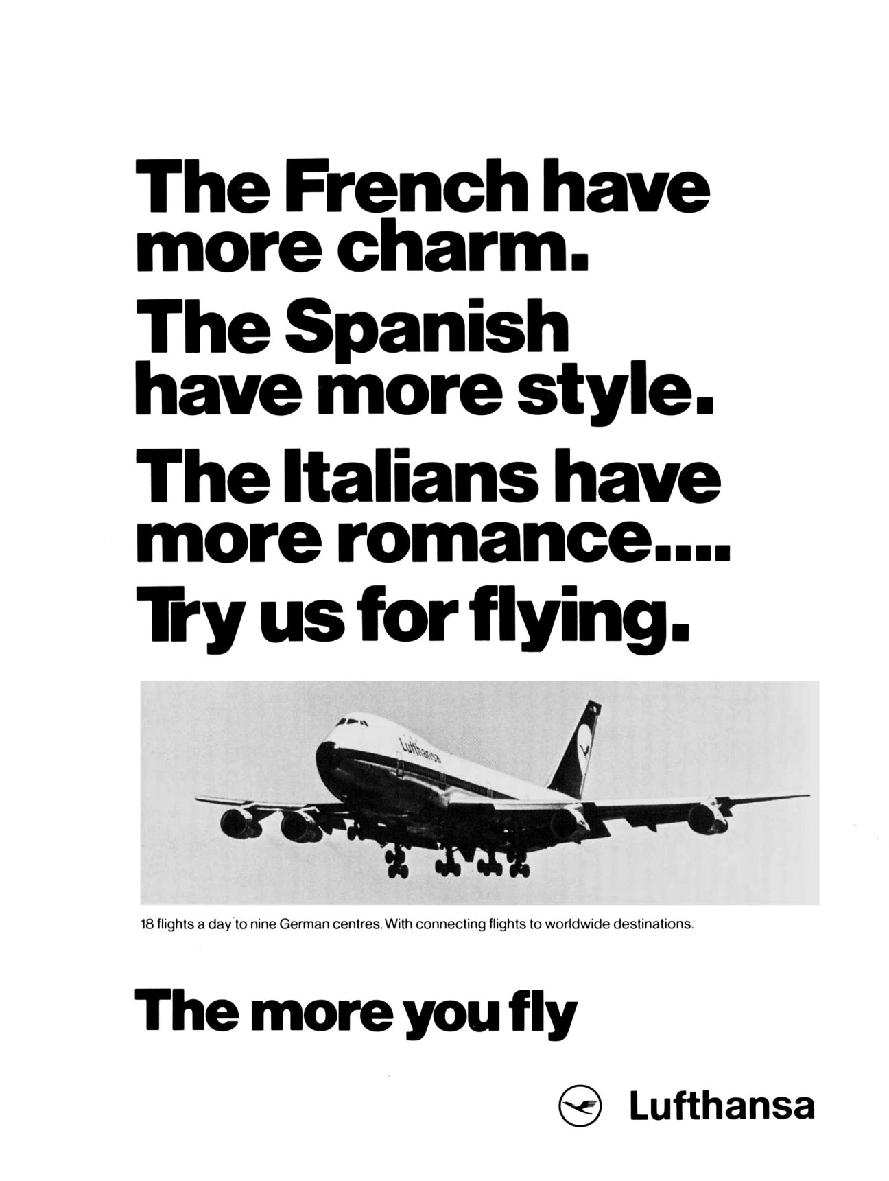 Lufthansa advertisement from 1974 comparing European airlines, featuring a Boeing 747 in flight with humorous tagline about German efficiency