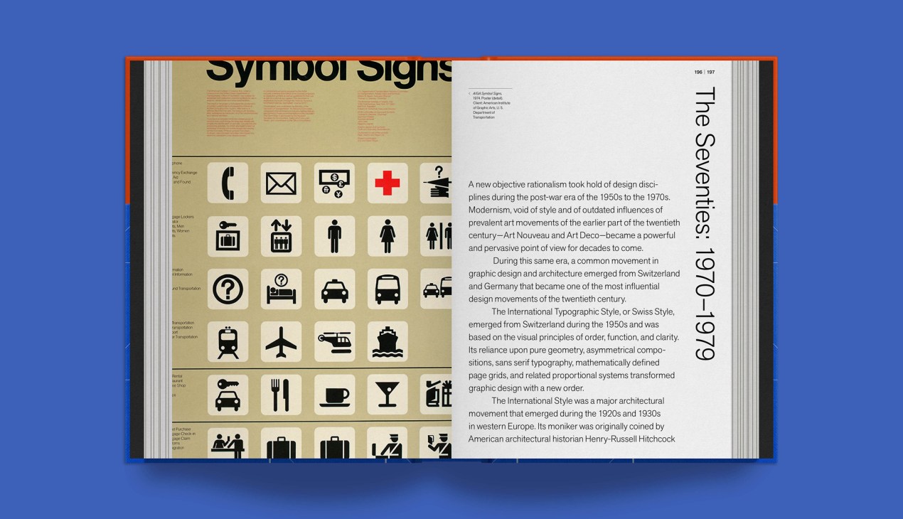 Open book showing Rudolph de Harak's modernist graphic design work including symbol signs and typography