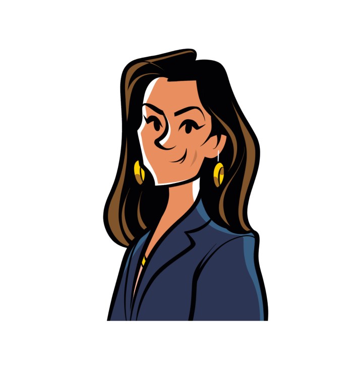 Illustrated portrait of Emman El-Badawy wearing a dark blue blazer and yellow earrings