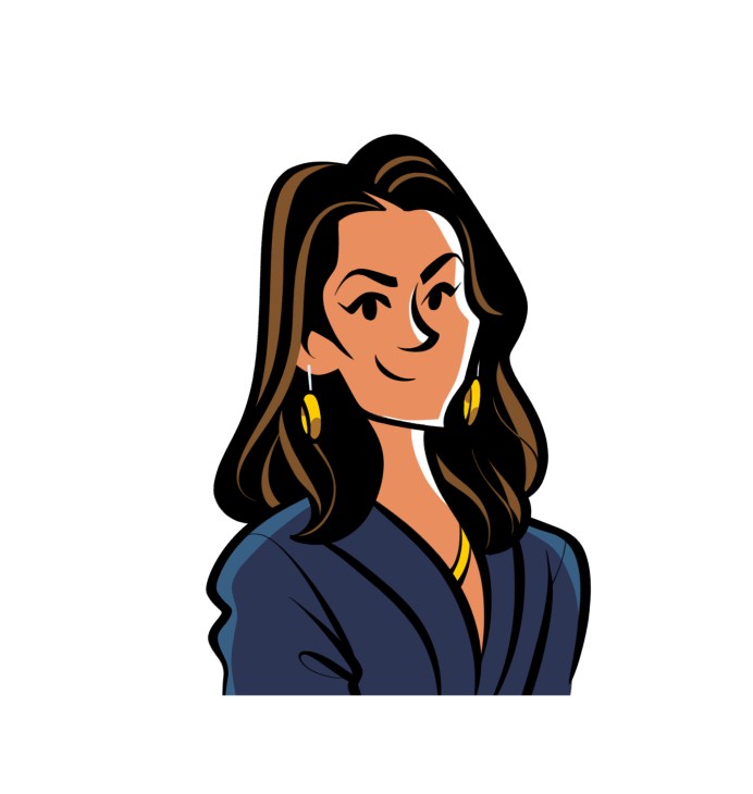 Stylized illustration of a woman with long dark hair wearing yellow earrings and a navy blazer