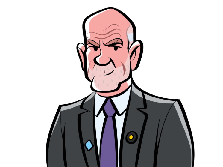 Portrait illustration of Peter FitzSimons, a bald man in a grey suit with purple tie
